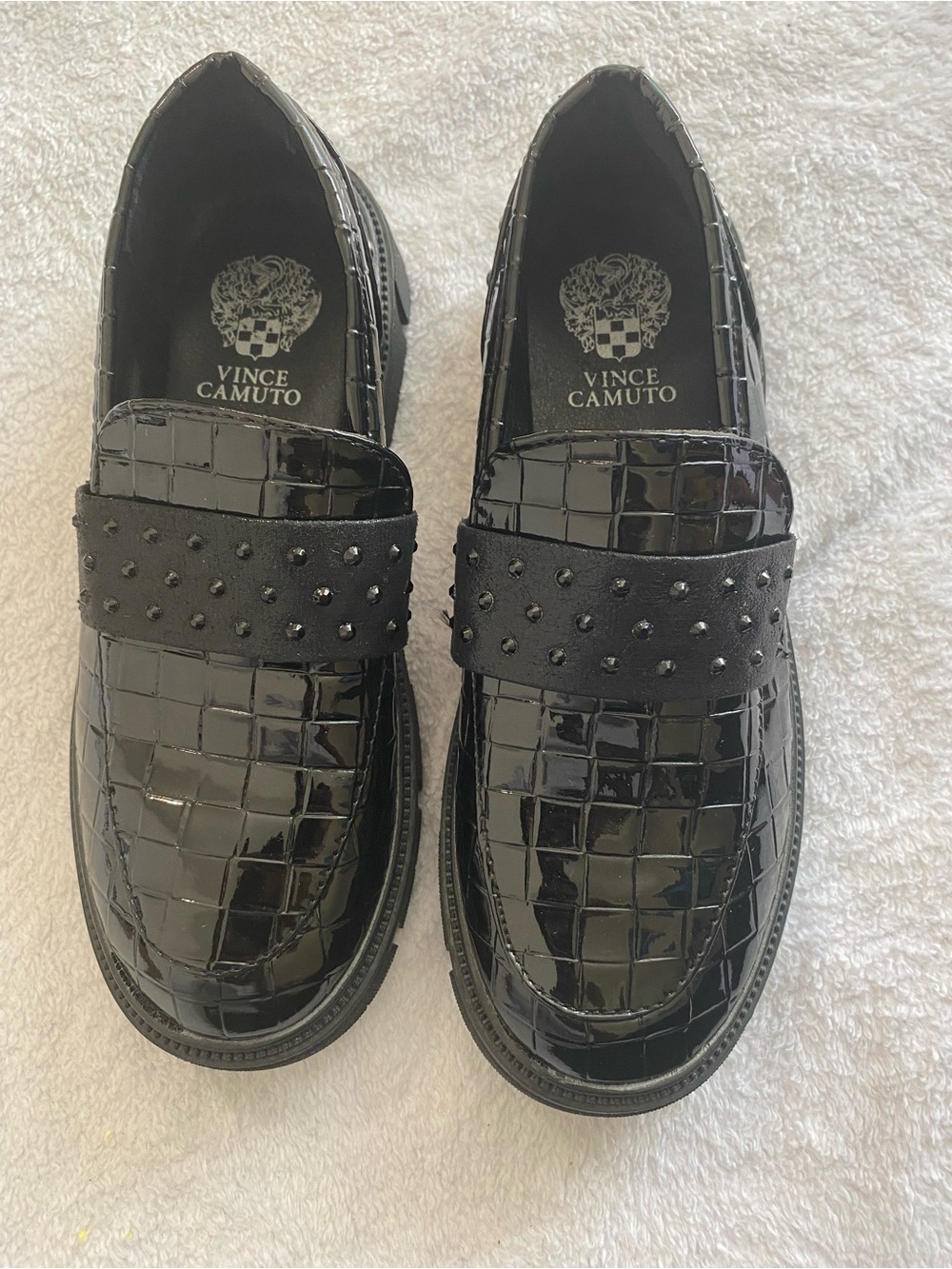 Vince Camuto Black Patent Croc-Embossed Studded Strap Loafers